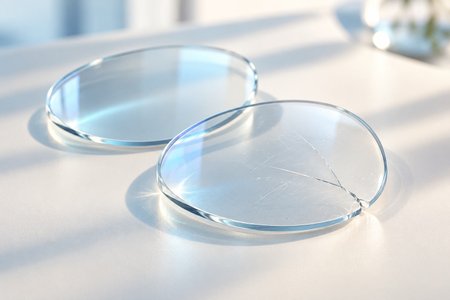 Illustration de deux verres de lunettes, l'un rayé et fissuré et l'autre intact.
